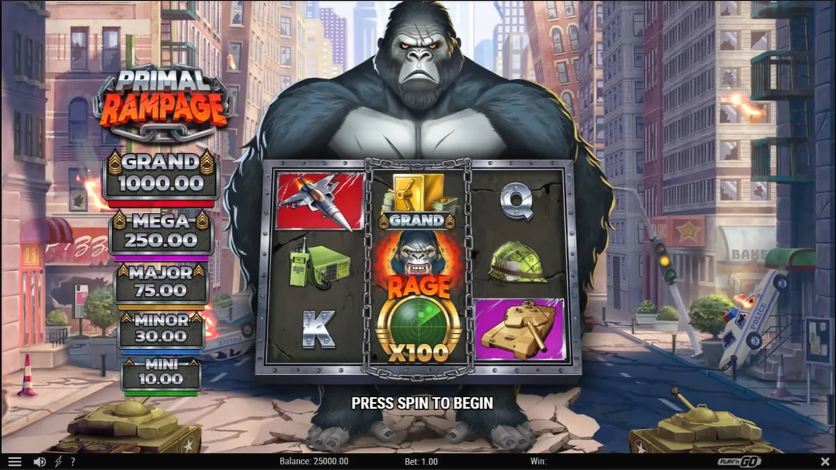 Tampilan antarmuka seluler slot Primal Rampage dengan tema hutan dan kera raksasa