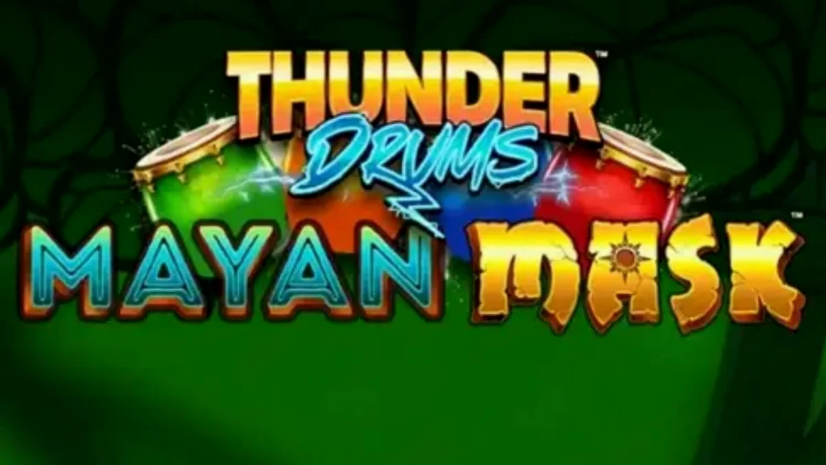 Tampilan visual slot Thunder Drums Mayan Mask dengan tema kuil Maya dan topeng emas.